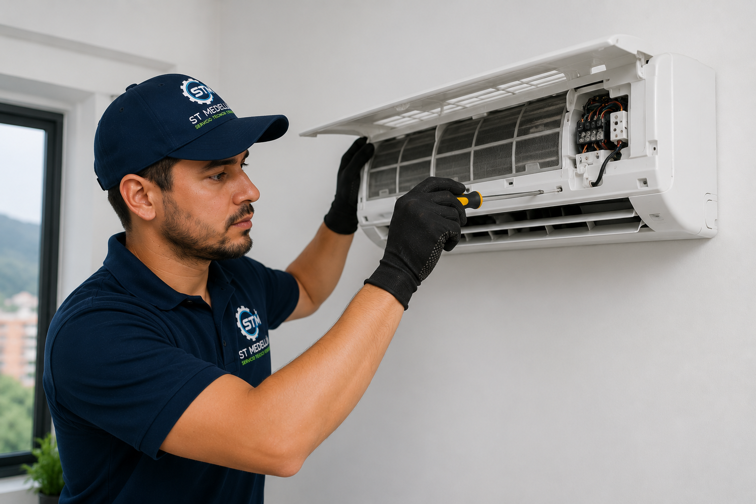 Técnico reparando aire acondicionado a domicilio en Medellín y el Área Metropolitana