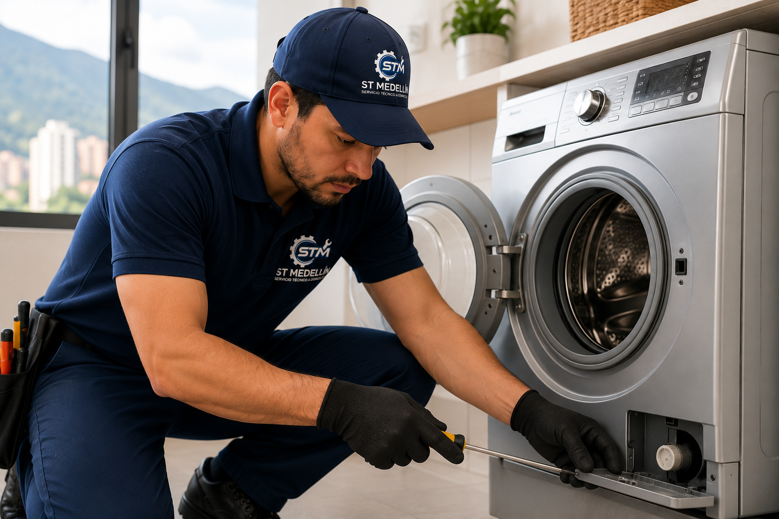 Técnico reparando lavadora a domicilio en Medellín y el Área Metropolitana