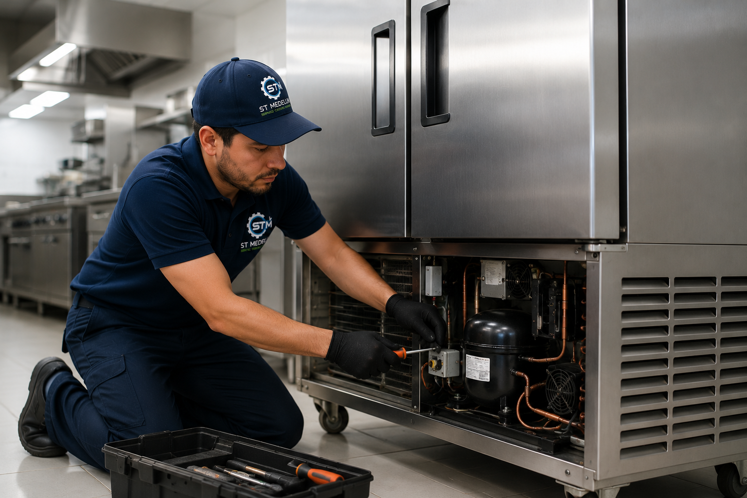 Técnico reparando nevera industrial en Medellín y el Área Metropolitana