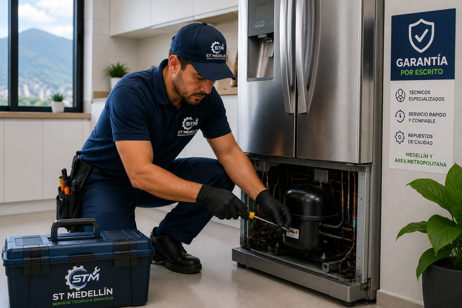 Técnico reparando nevera a domicilio en Medellín y el Área Metropolitana